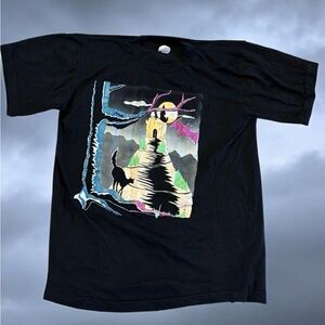 Vintage Halloween Black Tee Haunted House Bats Spooky Tee Size L